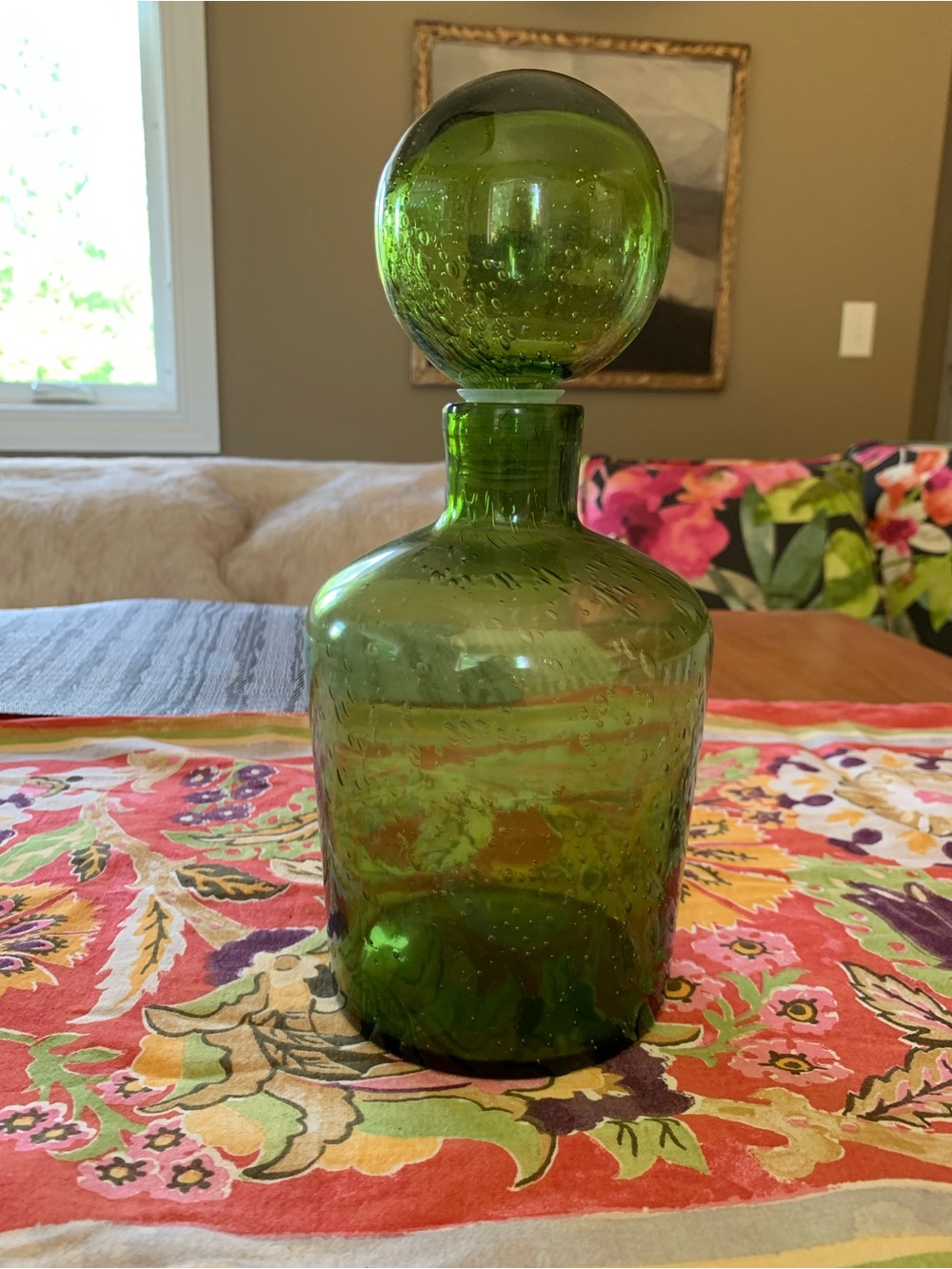 Vintage Hand Blown Green Bubble Glass Decanter with Round Stopper 11”